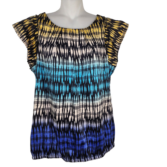 The Limited Top Large Multicolor Printed Cap Flutter Sleeves Blouse Elastic Hem - Picture 1 of 12